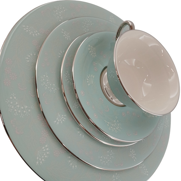 Castleton China “Corsage” Aqua Floral Dinnerware Set Of 5 Cup Plater Salad Bread - Picture 2 of 10